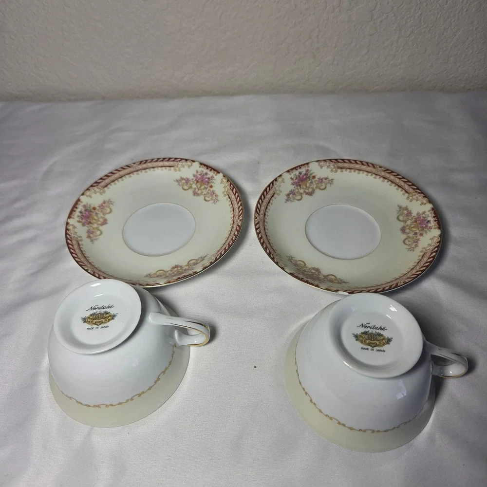 Noritake Teacup and Saucer Set of 2 Cream Pink Floral Burgundy Gold Trim Japan